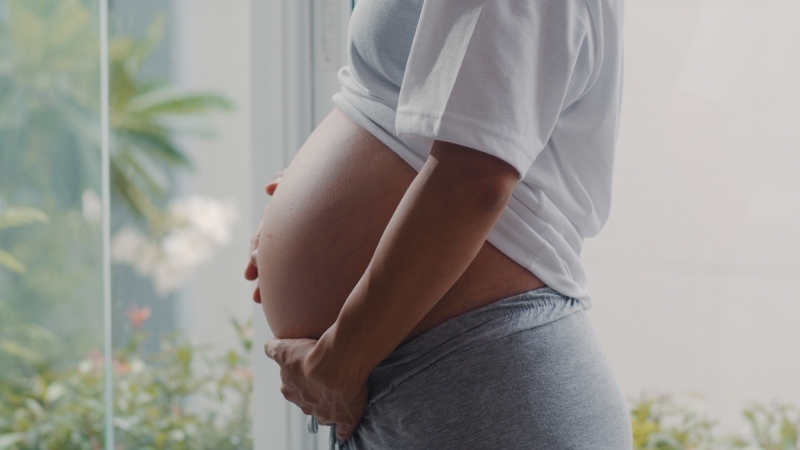 Side view of a pregnant woman cradling her bare belly while standing by a window.